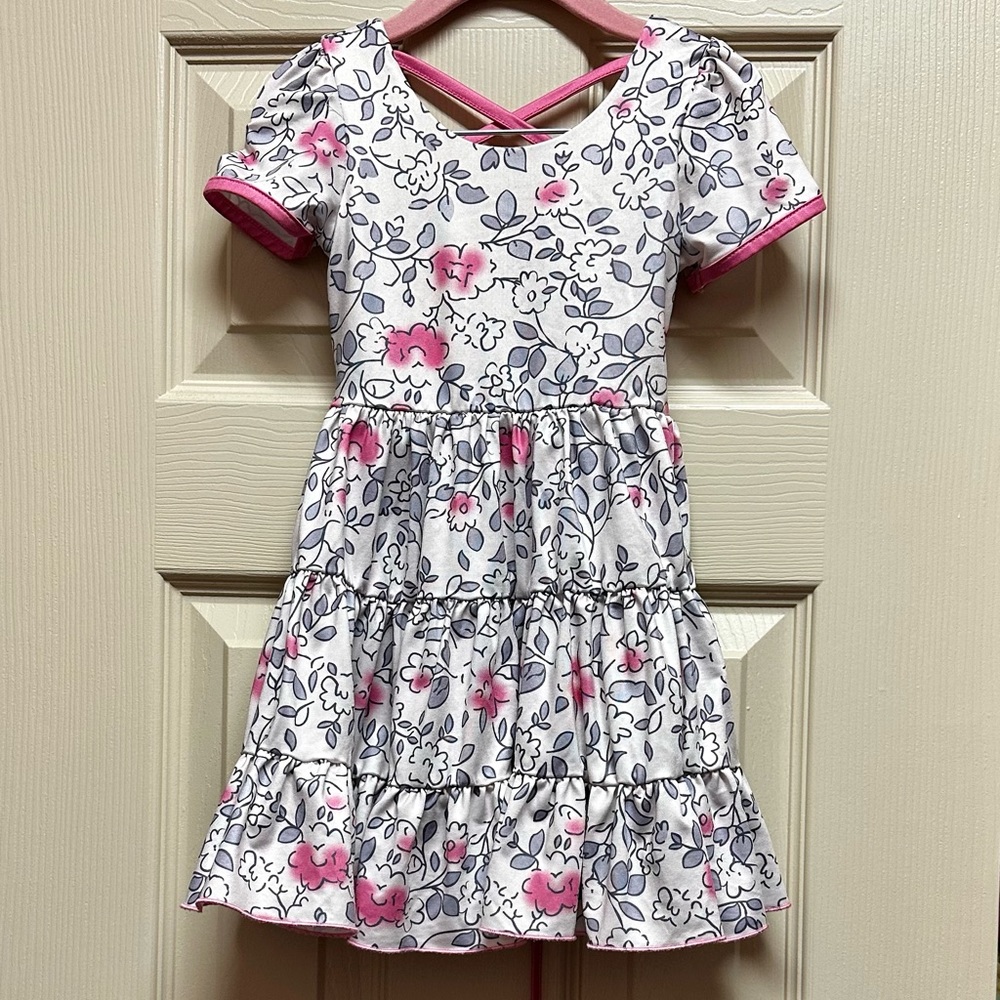 White Charlie’s Project 2T dress & bloomers with pink flowers & gray leaves